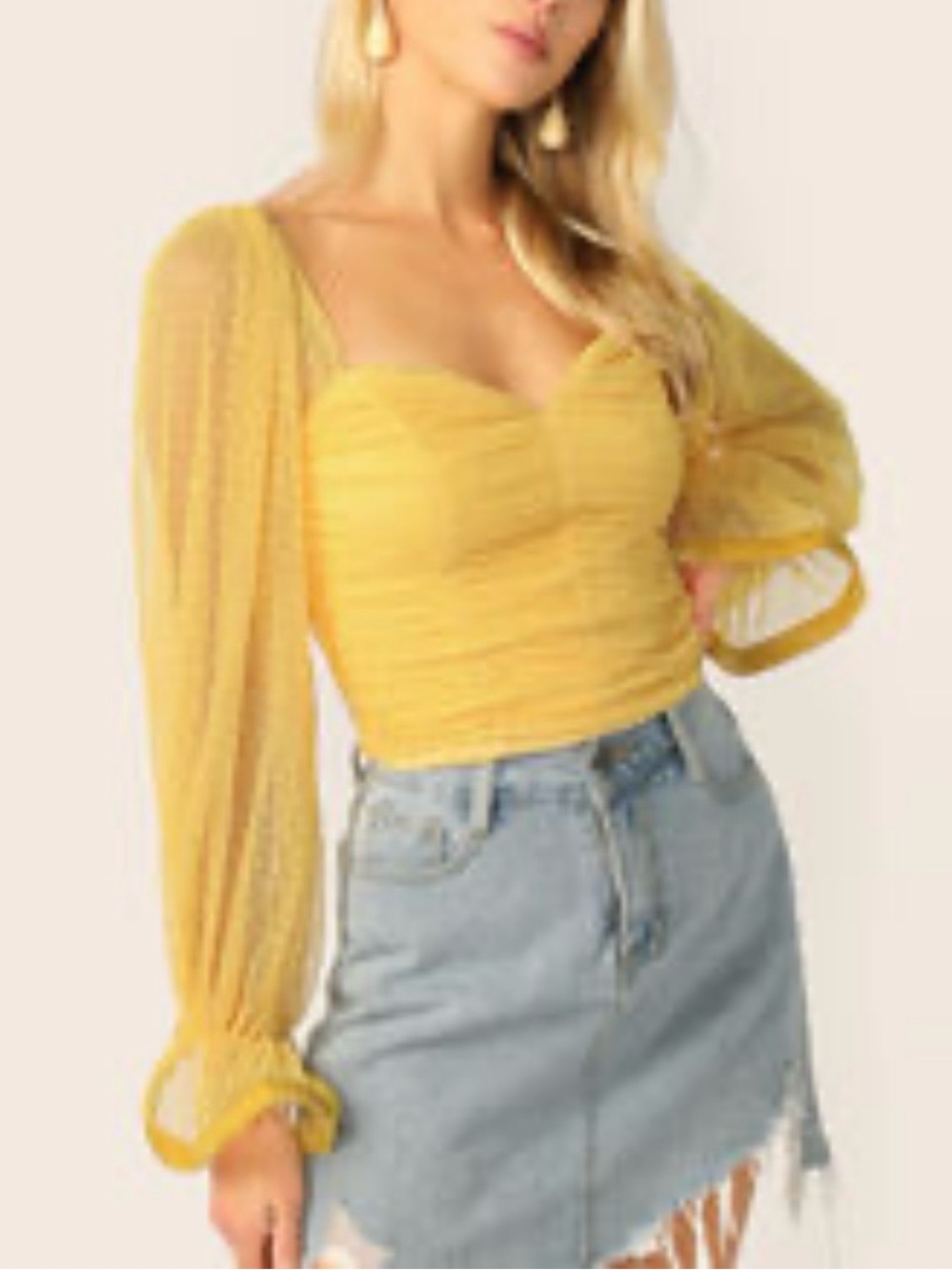 Yellow Dot Swiss-Mesh Puff-Sleeve Corset Top